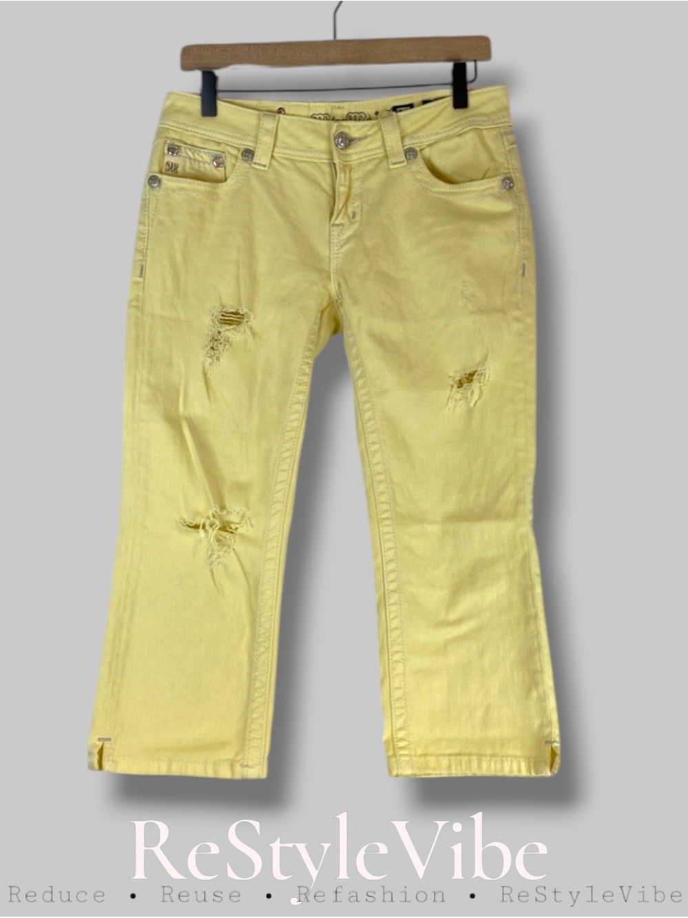 MISS ME Women’s Size 28 Denim Jeans Yellow Cuffed Capri Fit Stretch Cropped
